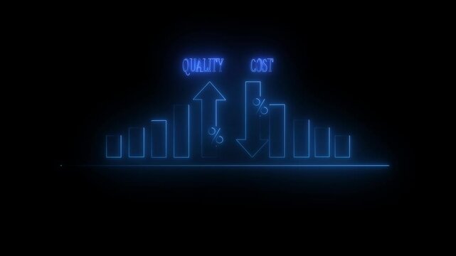 Quality control and company cost reduction. Cost and quality control concept with black color background. Percentage icon of quality with up arrow and cost with down arrow. 
