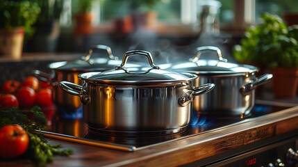 Three shiny stainless steel pots on a wooden stovetop with fresh herbs and tomatoes in a cozy kitchen setting