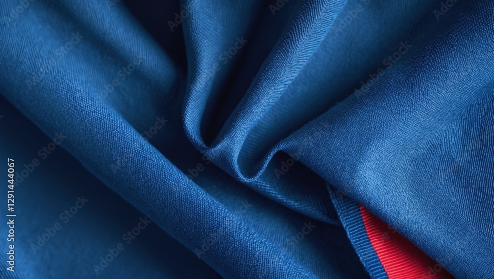Aufkleber close-up view of smooth blue fabric with subtle texture, showcasing folded layers and rich color dep