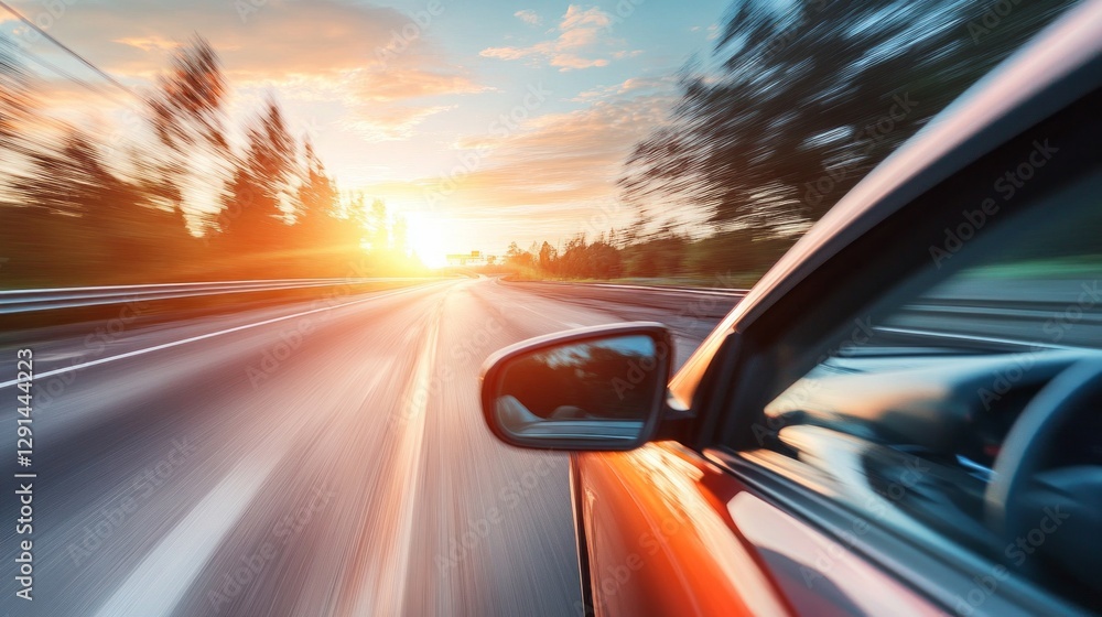 Poster a serene moment captured as a car speeds along a winding road, sunlight streaming through the rearvi
