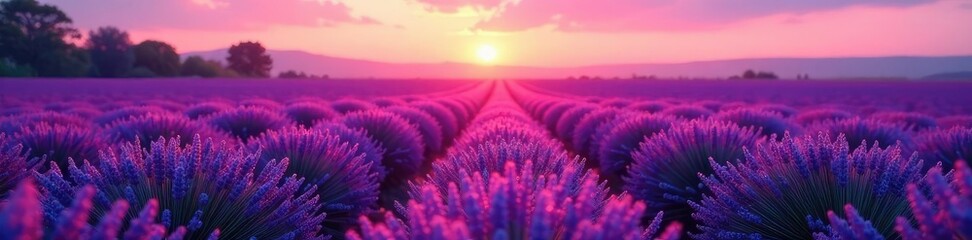 Obraz premium Soft pinkish purple hue spreads across the landscape as morning sun rises over lavender fields, nature, dawn
