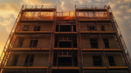 Construction project progress urban area building site evening light low angle development overview