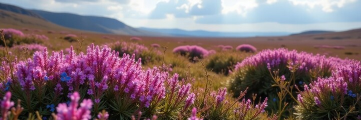 Fototapeta premium Soft pink, blue-purple heather blooms in a rugged peat bog landscape, flowers, peat, uk