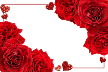 Red rose flowers in a corner arrangements with glitter hearts and red frame isolated on white or transparent background for Valentine Day