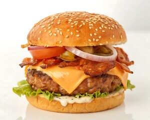 Delicious cheeseburger with bacon, lettuce, tomato, and onion.