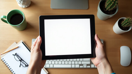 A topdown view of a wooden desk with a person holding tablet  blank mockup