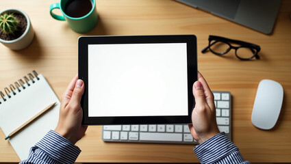 A topdown view of a wooden desk with a person holding tablet  blank mockup
