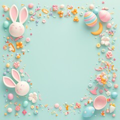 Easter frame crafted from colorful eggs and bunny ears, arranged on a pastel blue background with ample copy space, perfect for greeting card design. Top view flat lay showcasing festive Easter elemen