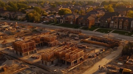 Construction progress of new residential developments suburban neighborhood aerial view warm evening light
