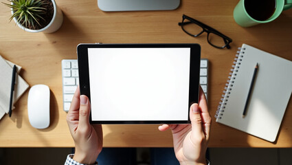 A topdown view of a wooden desk with a person holding tablet  blank mockup