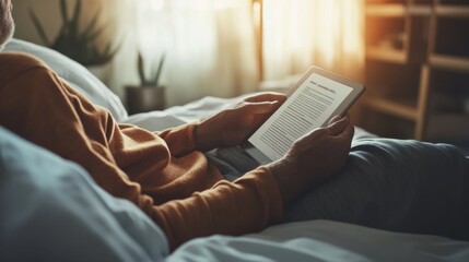 Hypertension patient reading a health article on a tablet in bed. Featuring information and self-education
