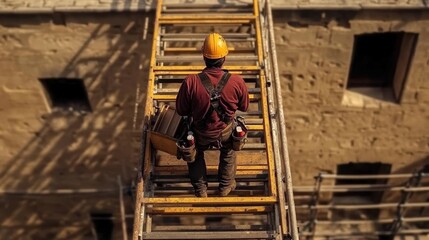 Construction worker ascending ladder at building site urban environment action shot for safety awareness