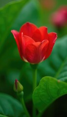 Fototapeta premium A delicate red bloom nestled within a large green leaf, garden elements, flowers