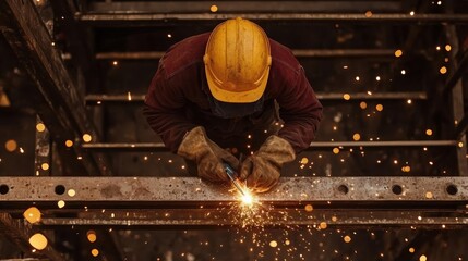 Welding sparks fly industrial worker at construction site action photography urban environment aerial view craftsmanship
