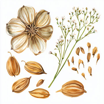 Watercolor hand-painted cumin branch with flower and leaves painting illustration isolated on a white background, cumin illustration, AI