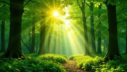 Soft sunlight filtering through a leafy forest canopy, trees, foliage,