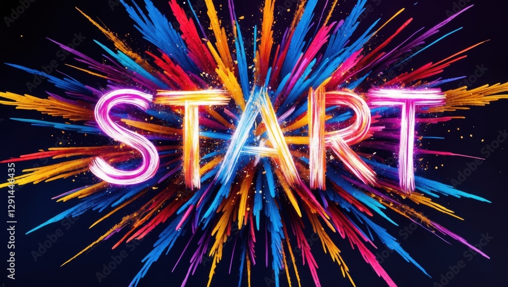 Poster colorful explosion of light with the word 'start' in vibrant neon, creating a dynamic and energetic 