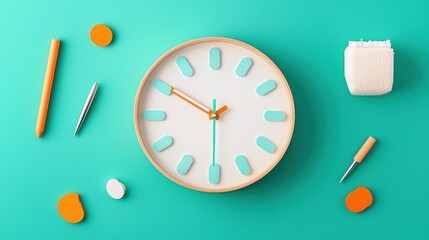 A white clock with orange hands and numbers on a teal background.