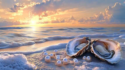 Beautiful oysters and pearls with soft glowing background lights