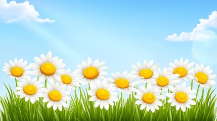 White Daisies in Lush Green Grass Under a Sunny Blue Sky