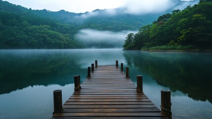 Misty forest and mountain reflections on seto lake, shikoku  a serene wooden dock scene