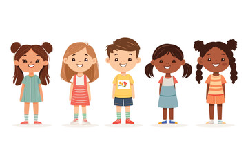Set of Happy multiethnic preschool girls and boy standing in different expression, Cute Children Characters