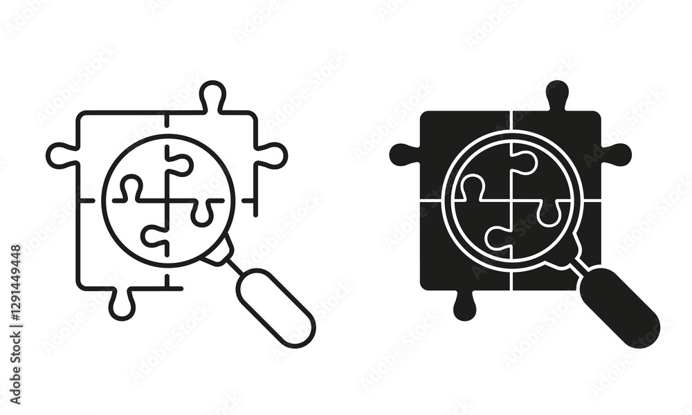 Poster puzzle parts with magnifier line and silhouette icon set. teamwork connection, problem solving outli