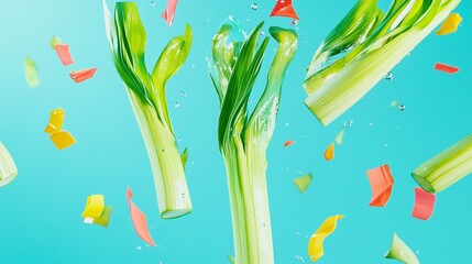 Leek pieces floating in mid-air, captured in a playful pop-art style with vibrant color splashes