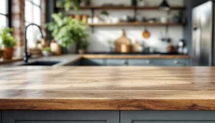  Close-up of a wooden countertop in a modern kitchen.