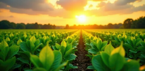Warm rays of the sun illuminate a lush soybean crop, sun, farm