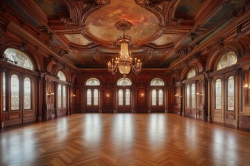 Grand Ballroom: Intricate Woodwork, Stained Glass, and Crystal Chandelier