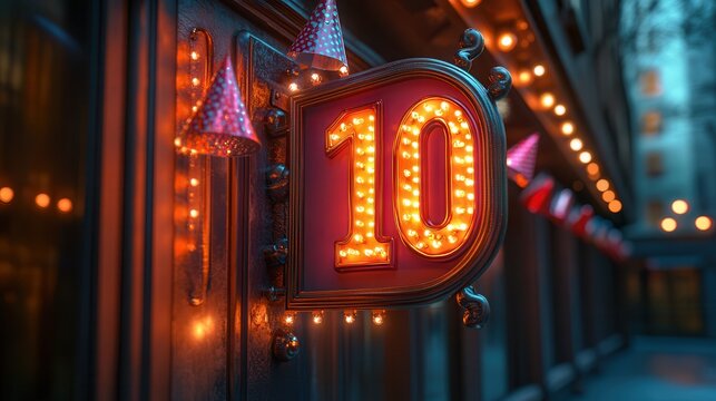 Retro Number Ten Marquee Sign on Party Wall with Festive Lights