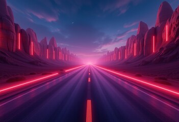 Obraz premium Neon-Lit Highway Through a Desert Canyon at Dusk