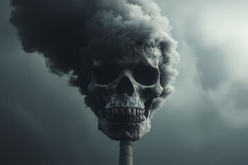 A smoky skull rises from an industrial chimney, symbolizing pollution and global warming impact