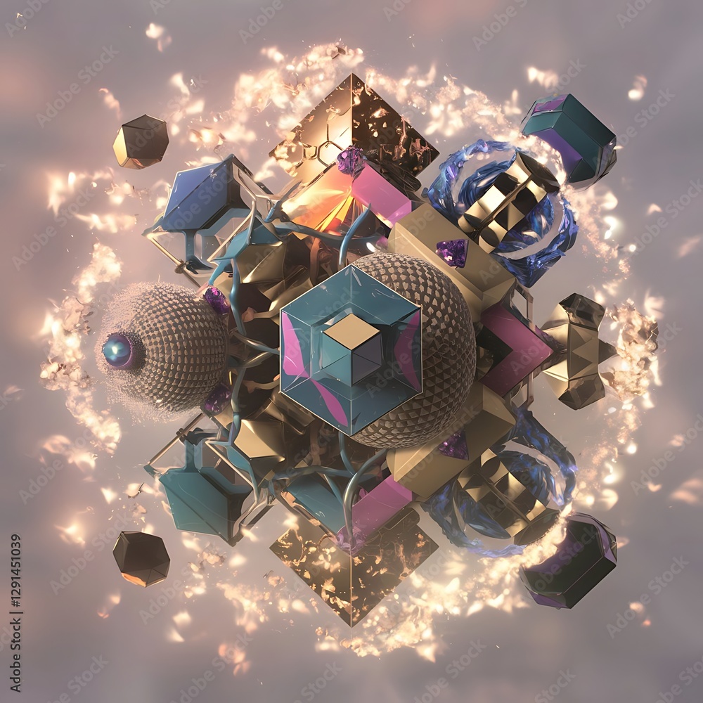Poster 3d rendering of abstract geometric composition with glowing particles in empty space