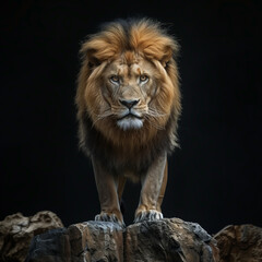A majestic lion silhouette against the BLACK backdrop, LION KING, POWERFUL AND SAVIOR.
