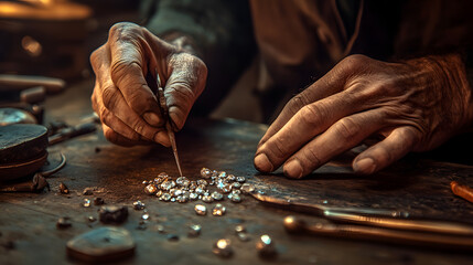 Obraz premium Artisan at Work: The close-up shot reveals an artisan's skilled hands meticulously arranging glittering gemstones on a weathered wooden surface. The image is rich in detail and texture.