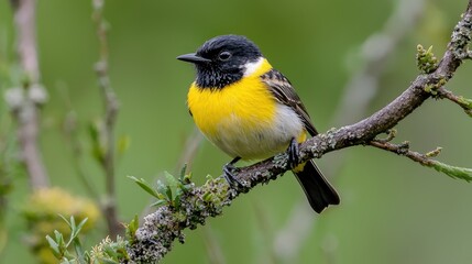 Yellow-breasted bird perched on branch, spring foliage