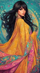 Enchanting Woman in Vibrant Gold and Pink Sari