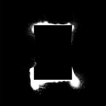 Grunge stencil frame with graffiti spray painted border with ink splatters, dripping, vector white spray paint rectangle