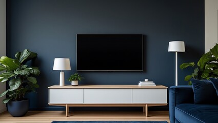 Modern Minimalist Living Room with Dark Blue Accent Wall & Sleek Décor