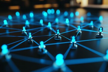 3d visualization of a social media network with blue icons for business structure and connection