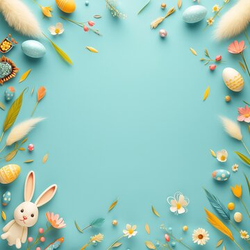Easter frame crafted from colorful eggs and bunny ears, arranged on a pastel blue background with ample copy space, perfect for greeting card design. Top view flat lay showcasing festive Easter elemen
