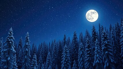 Naklejka premium A serene forest with snowflakes falling gently under a vast starry sky and full moon, forest, moonlight, winter