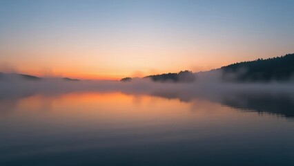 Fototapeta premium A serene lake at dusk with mist rising from water surface, dusk, pure