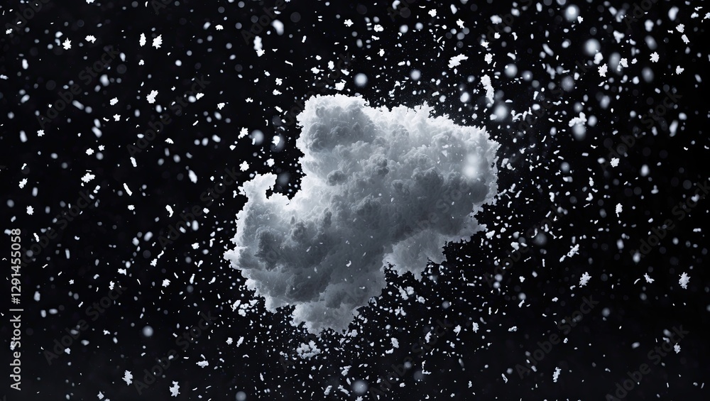 Poster a single fluffy cloud isolated on a dark background with falling snowflakes creating a serene winter