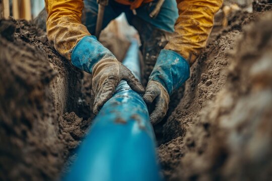 Close up of a laborer laying blue pipes in a trench at a construction site with blurred background