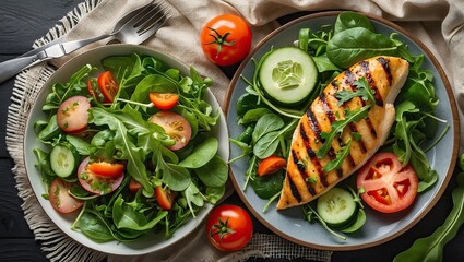 Fresh grilled chicken breast served with green salad, cucumbers, and cherry tomatoes on a dark wooden table
