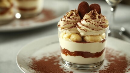 Delicious Tiramisu Dessert with Banana and Cocoa Powder Dusting