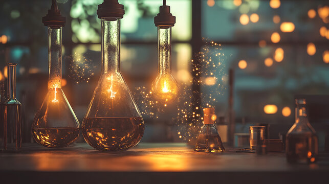 Illuminating Discoveries: A laboratory setting comes alive with glowing beakers and soft light, evoking a sense of innovation, investigation, and the mysteries of science